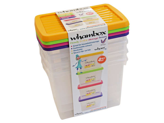WHAM 6.7L LITRE CLEAR STORAGE BOXES CONTAINERS WITH LIDS X4 STACKABLE STRONG 
